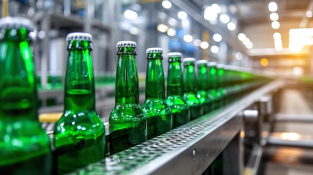 Bottiglie di birra verdi prodotte sullo sfondo dello spazio di fabbrica IA generativa