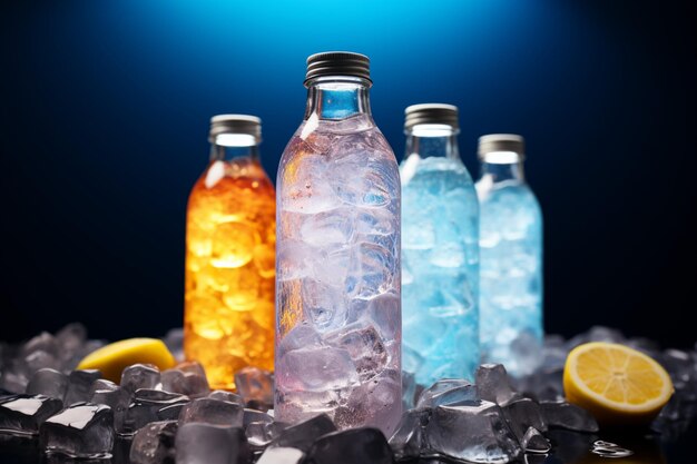 Bottiglie di cocktail colorate immerse in un letto di scintillante ghiaccio multicolore