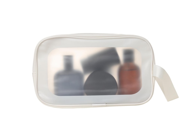 Bottiglie di cosmetici maschili in borsa isolate su sfondo bianco