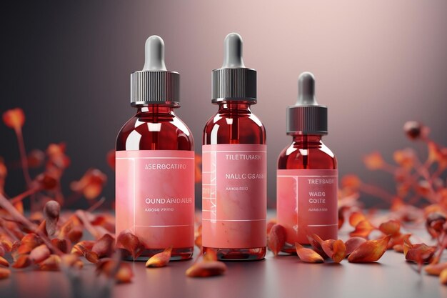 Bottiglie di cura dell'olio di rosa e modelli di prodotti Generative Ai