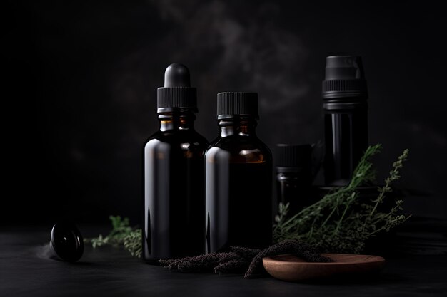 Bottiglie di erbe medicinali e piante curative su un tavolo di legno Medicina a base di erbe