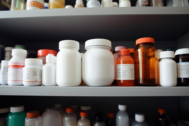 Bottiglie di medicinali allineate ordinatamente sullo scaffale di una farmacia pronte per i pazienti