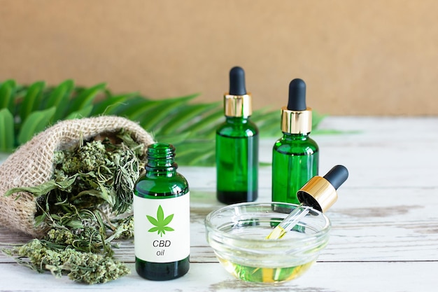 Bottiglie di olio di canapa con semi di cannabis e foglie secche Olio di CBD medico Medicina alternativa