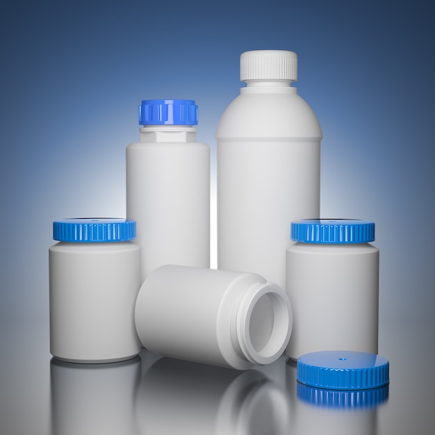 Bottiglie di pillola su sfondo blu il concetto chimico o medico