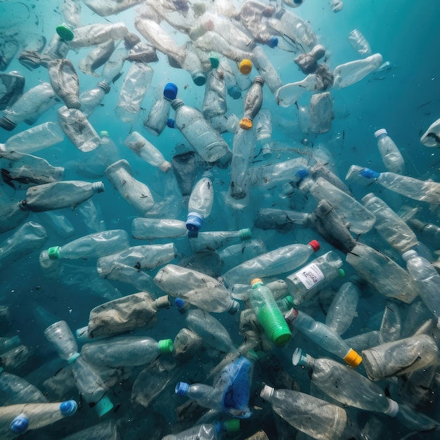 Bottiglie di plastica che galleggiano nell'oceano