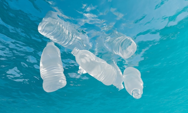 Bottiglie di plastica che galleggiano sotto l'acqua di mare. concetto di inquinamento, ecologia, riciclaggio e ambiente. rendering 3d