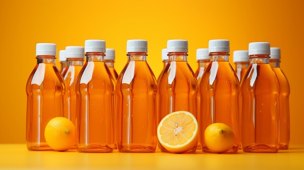 Bottiglie di plastica colorate di detersivo per piatti isolate su sfondo arancione
