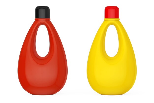 Bottiglie di plastica vuote multicolori per candeggina, detersivo liquido per bucato o ammorbidente su sfondo bianco. Rendering 3D.