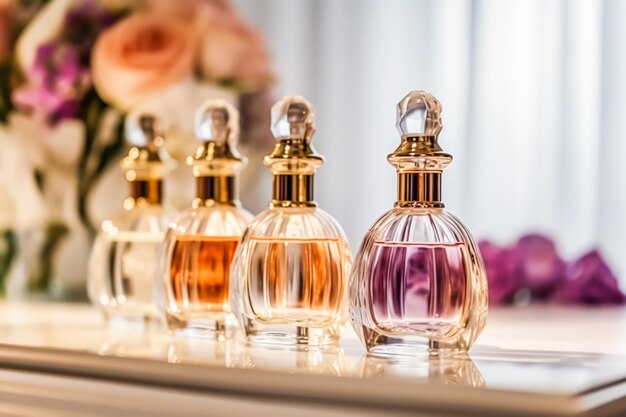 Bottiglie di profumi di lusso esposte in una presentazione profumo femminile nuova collezione esclusiva post-elaborato generativo ai