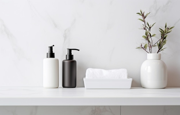 Bottiglie di sapone e shampoo su scaffale di marmo bianco in un bagno leggero