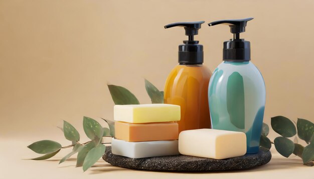 Bottiglie di shampoo e sapone su sfondo beige con spazio per le copie