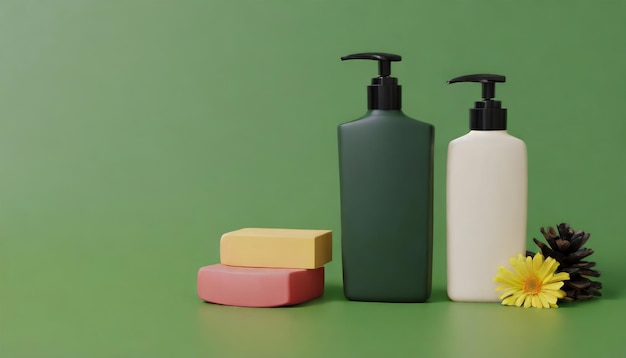 Bottiglie di shampoo e sapone su sfondo verde con spazio per la copia