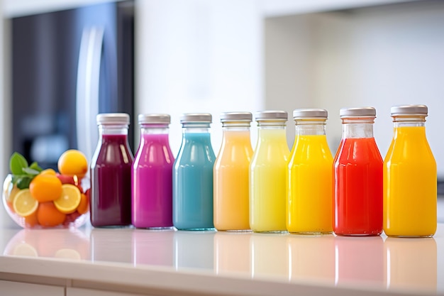 Bottiglie di succo colorate su un bancone luminoso