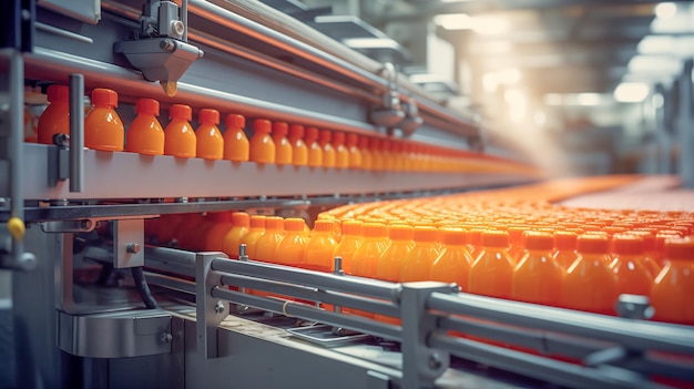Bottiglie di succo d'arancia sulla linea di produzione in fabbrica