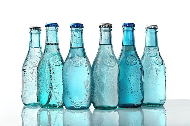 bottiglie di vetro con acqua isolata su bianco