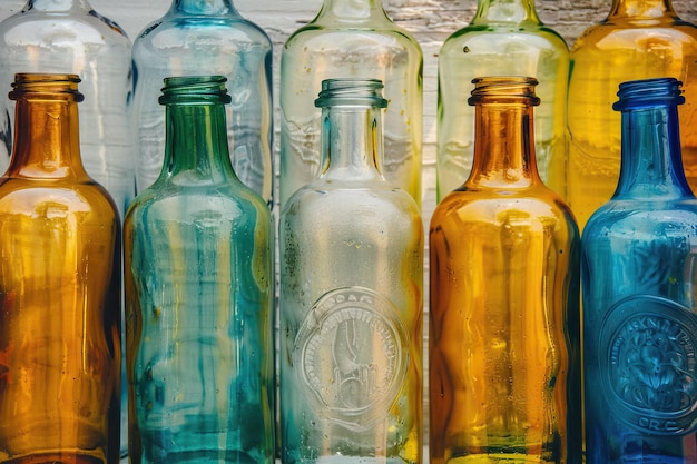 Bottiglie di vetro di colori misti tra cui verde, bianco trasparente, marrone e blu Bottiglia di vetro
