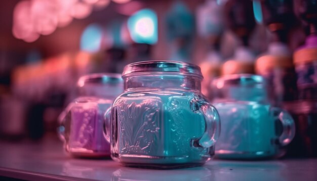Bottiglie di vetro multicolori sul tavolo una celebrazione di rinfreschi gourmet generati dall'intelligenza artificiale