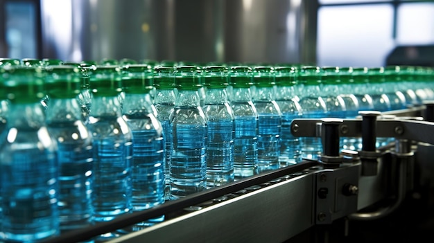 Bottiglie di vetro sul nastro trasportatore Produzione moderna di bevande analcoliche Laboratorio per l'imballaggio