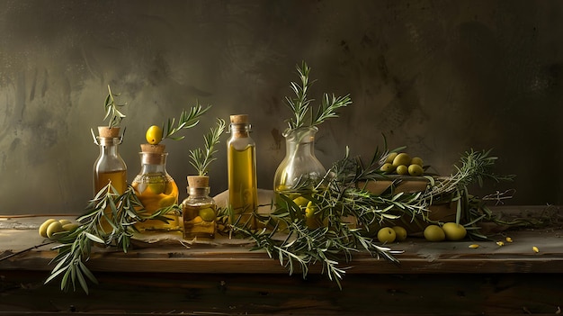 bottiglie di vetro trasparente contenenti olio d'oliva dorato, ciascuna decorata con un ramo di olive verdi