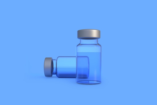 Bottiglie di vetro trasparenti per il vaccino contro il coronavirus Covid19 e altri virus su sfondo blu 3D