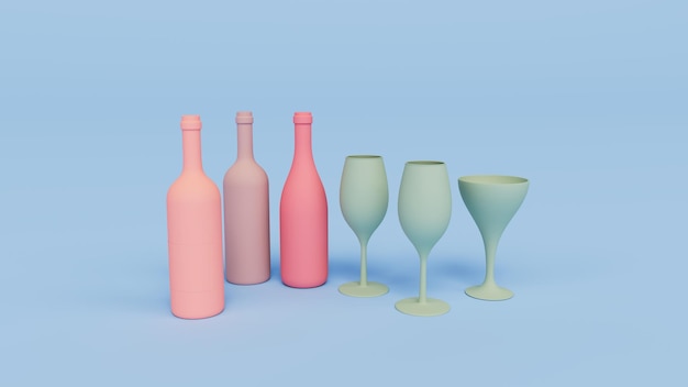 Bottiglie di vino e bicchieri 3d rendono l'illustrazione con sfondo