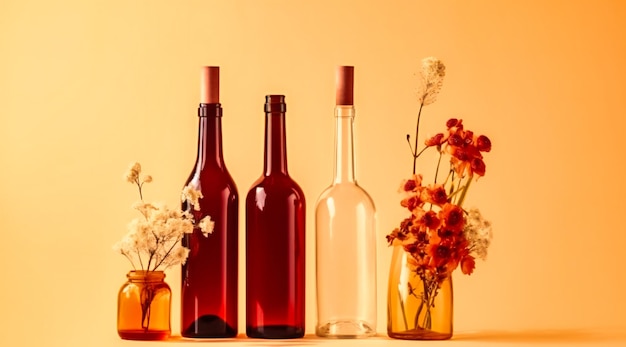 Bottiglie di vino e fiori su fondo beige