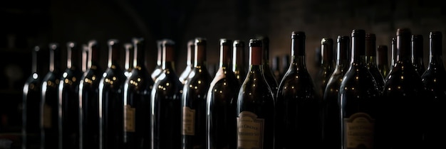 Bottiglie di vino in una fila scuro cantina sfondo IA generativa