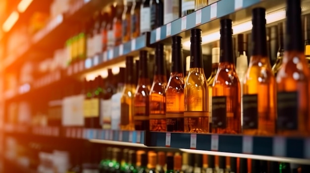 Bottiglie di vino sfocate astratte sugli scaffali di alcol liquore sullo sfondo del negozio del supermercato Illustratore AI generativo