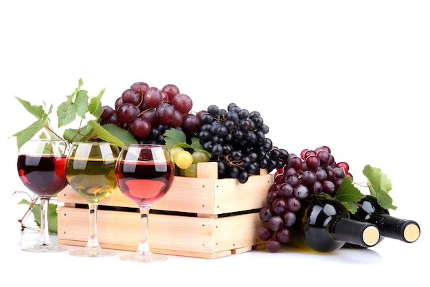 Bottiglie e bicchieri di vino e assortimento di uva in cassa di legno isolata su bianco