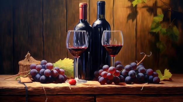 Bottiglie e bicchieri di vino rosso e bianco Generative ai