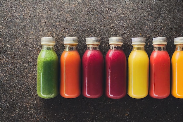 Bottiglie multicolori luminose con succo di disintossicazione per una sana alimentazione dietetica