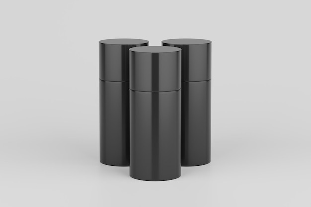 Bottiglie multiple di deodorante spray in plastica nera Mockup 3D rendering