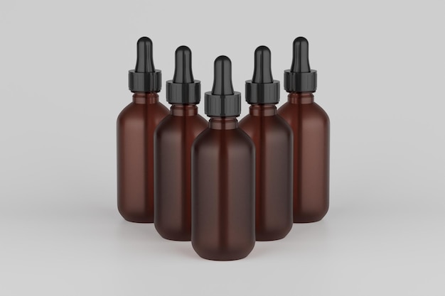Bottiglie multiple Mockup contagocce in vetro ambrato Rendering 3D
