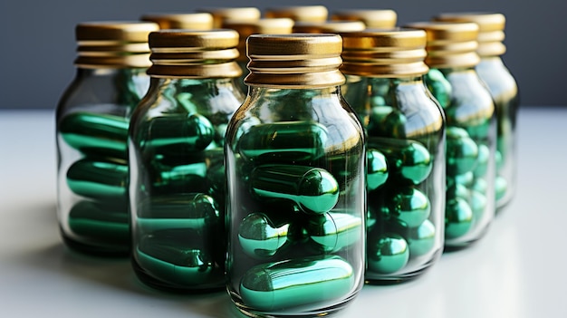 bottiglie piene di pillole verdi allineate su un tavolo generativo ai
