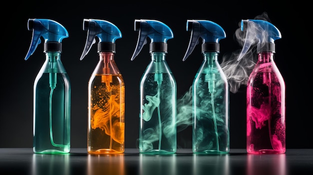 Bottiglie spray colorate per la pulizia su sfondo nero