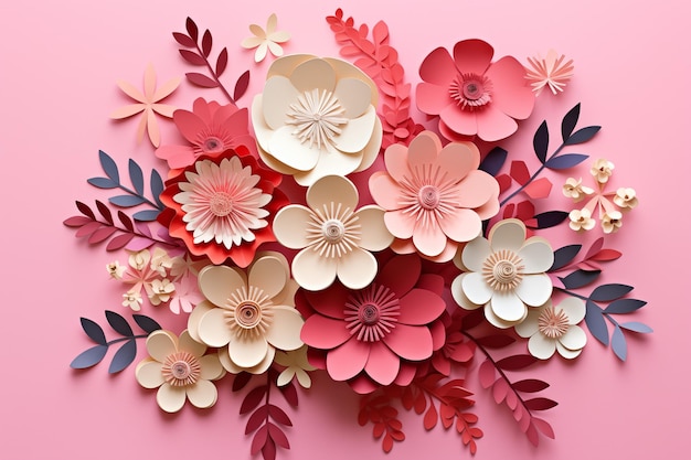 Bouguet di fiori in tono pastello su sfondo rosa da Paper Cut Out Effect