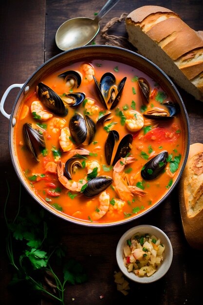 bouillabaisse con cozze in piatto Focus selettivo