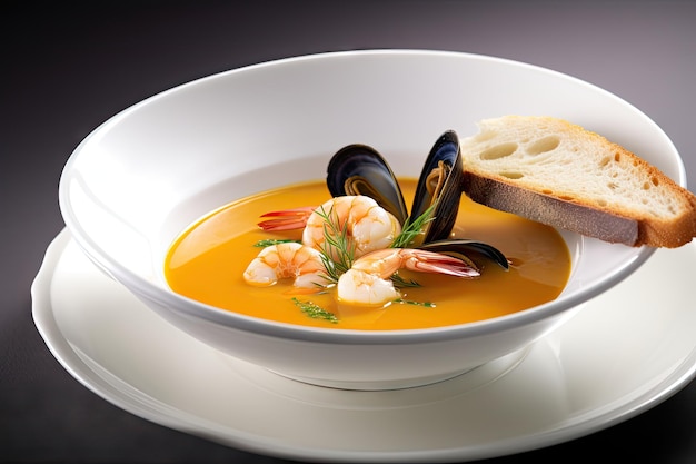 Bouillabaisse Zuppa di frutti di mare Brodo di gamberetti di pesce in una ciotola Illustrazione generativa astratta dell'IA