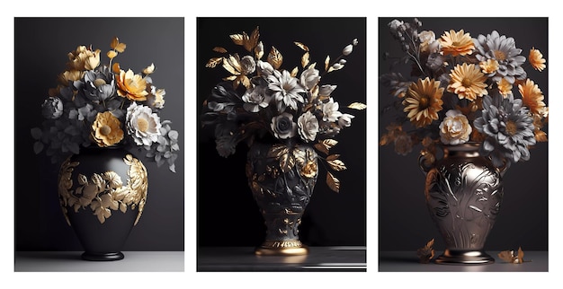 Bouquet 3d fiori vaso dorato e nero su sfondo scuro per la decorazione murale