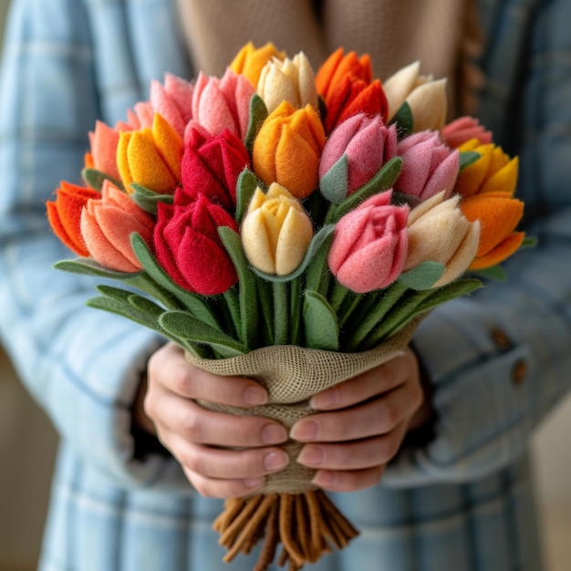 Bouquet a mano di tulipani di feltro luminosi