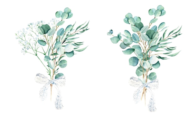 Bouquet acquerello di eucalipto set di due rami di salice vero dollaro d'argento blu e gypsophila con
