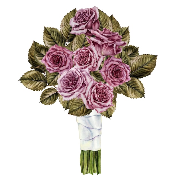 Bouquet acquerello di rose rosa con nastro