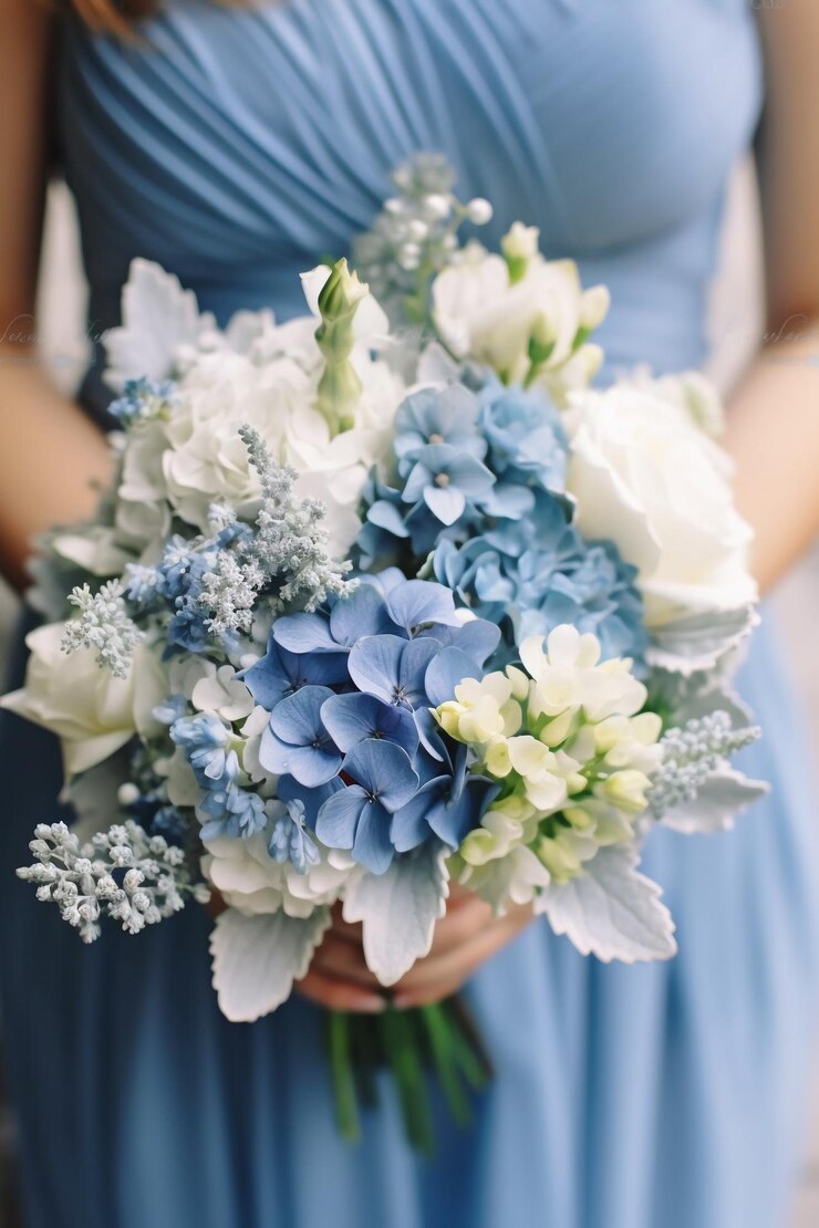 Bouquet blu e bianco per un matrimonio blu