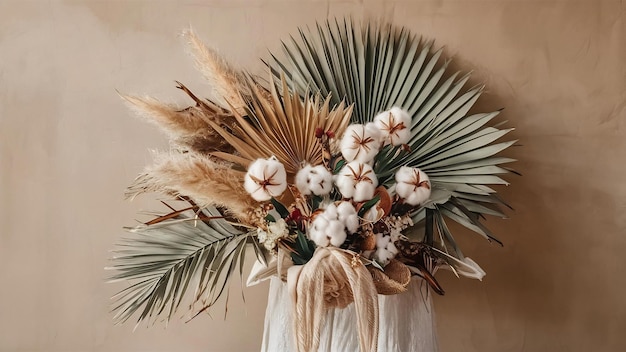 Bouquet bohémien ad acquerello con fiori tropicali e di cotone, foglie di palma secche e erba delle pampas