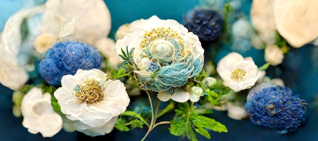 Bouquet colorato Classiche rose bianche blu fiori di cardo e vegetazione