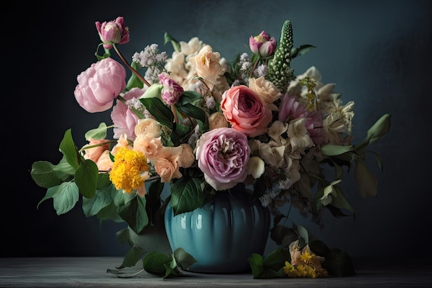 Bouquet colorato di fiori pastello in un vaso creato con l'IA generativa