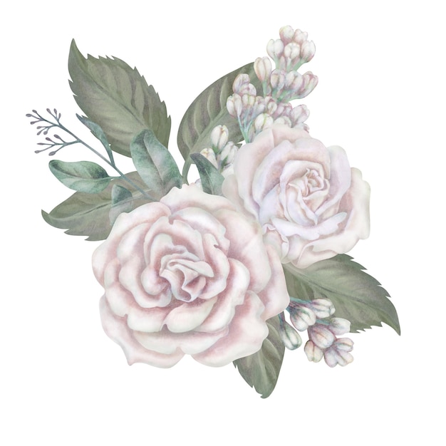 Bouquet d'acquarello di rose bianche foglie verdi eucalipto lilac in palette pastello in stile vintage