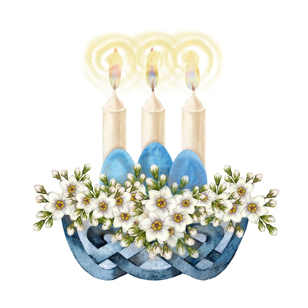 Bouquet d'acquerelli di primrose bianche non dimenticare i fiori in un cesto con candele per Pasqua