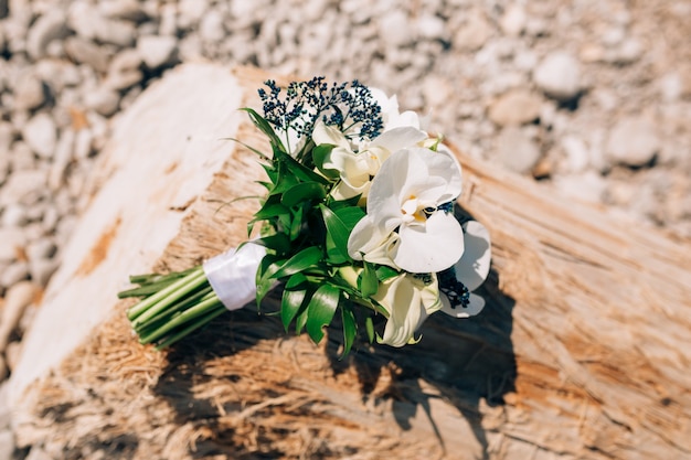 Bouquet da sposa di calle bianche e mahonia blu sdraiato sull'albero