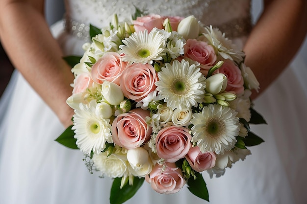 Bouquet da sposa di fiori bianchi e rosa